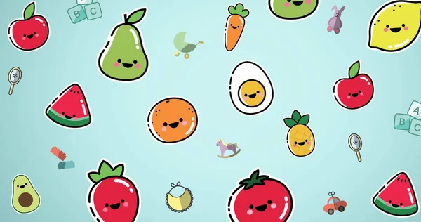 Image of cartoon fruits and vegetables moving over blue background. healthy food, cooking and weaning week concept digitally generated image.