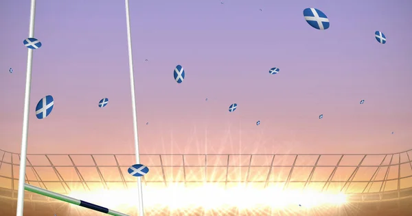 Stadyumdaki Skoçya Bayrağıyla Boyanmış Ragbi Toplarının Görüntüsü Spor Yarışma Konsepti — Stok fotoğraf