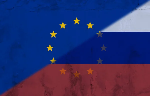 Avrupa Rusya Nın Bayraklarının Dijital Kompozit Görüntüsü Duvarda Kopyalama Alanında — Stok fotoğraf