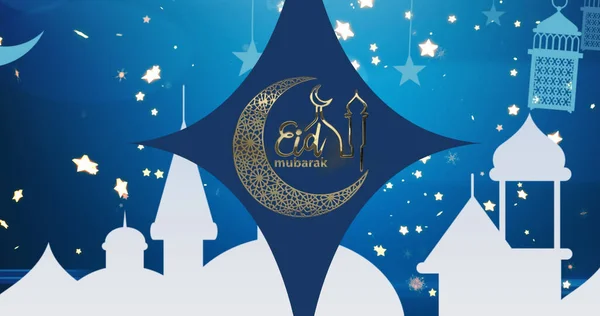 Billede Eid Mubarak Tekst Med Moske Halvmåne Blå Glødende Baggrund - Stock-foto