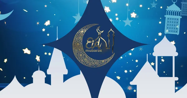 Obraz Tekstu Eid Mubarak Meczetem Półksiężycem Niebieskim Świecącym Tle Eid — Zdjęcie stockowe