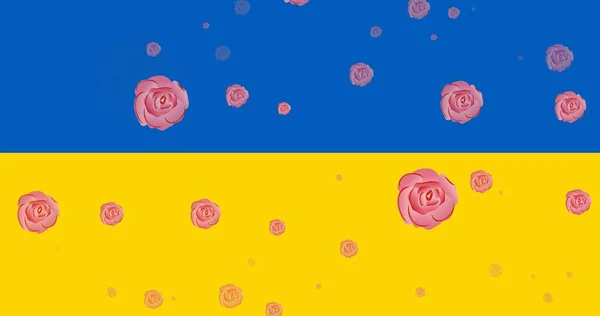 Ilustração Rosas Cor Rosa Sobre Bandeira Ucrânia Com Espaço Cópia — Fotografia de Stock