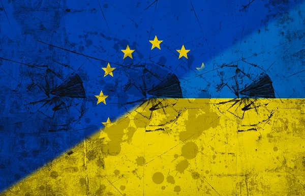 Композитне Зображення Прапора Європи України Пофарбованого Пошкоджену Стіну Копіює Простір — стокове фото