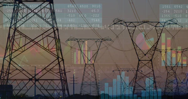 Imagen Del Procesamiento Datos Financieros Sobre Torres Eléctricas Paisaje Concepto —  Fotos de Stock