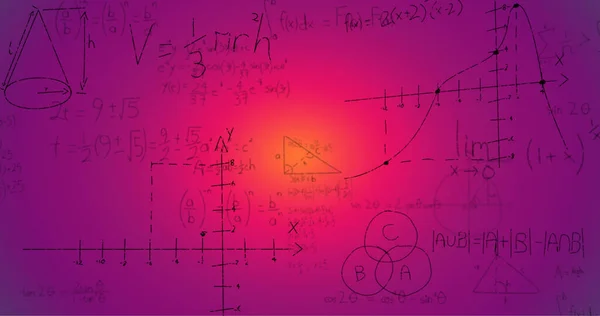 紫色背景上的手写数学公式图像 数学和学习概念数字生成的图像 — 图库照片