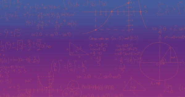 Imagem Fórmulas Matemáticas Escritas Mão Sobre Fundo Azul Roxo Conceito — Fotografia de Stock