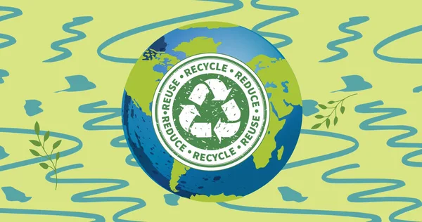 Imagem Sinal Reciclagem Texto Sobre Globo Fundo Azul Verde Conceito — Fotografia de Stock