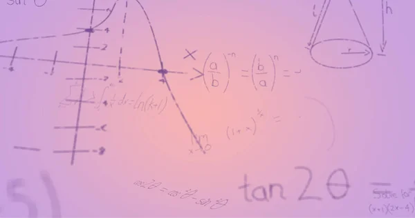 Kép Kézzel Írt Matematikai Képletek Felett Lila Háttér Tudomány Matematika — Stock Fotó