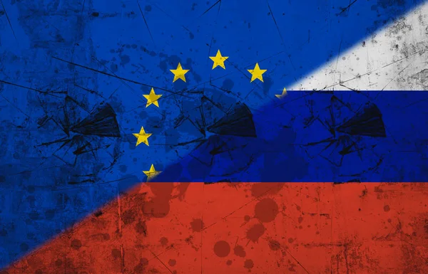 Hasarlı Duvarda Avrupa Rusya Nın Bayraklarının Birleşik Görüntüsü Kopyalama Alanı — Stok fotoğraf