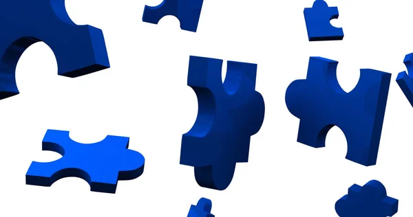 白い背景に落ちるパズルの青い部分のイメージ パズルの日やお祝いのコンセプトをデジタルで — ストック写真
