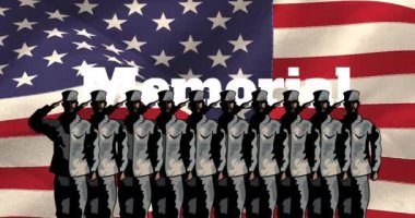 Anma Günü metninin animasyonu erkek askerlerin selamlaması ve Amerikan bayrağı üzerinde. Anma Günü ve Amerikan vatanseverliği konsepti dijital olarak oluşturulmuş video.
