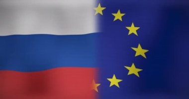 Rusya ve Dünya 'nın hareketli ve dalgalı bayrakları. Ukrayna çatışması, vatanseverlik ve dijital olarak üretilen video konsepti.