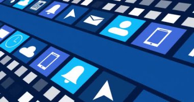 Dijital çevrimiçi simgelerin animasyonu ve koyu mavi arkaplanda hareket eden mavi şerit. Sosyal medya, çevrimiçi topluluk ve dijital arayüz konsepti dijital olarak oluşturulmuş video.