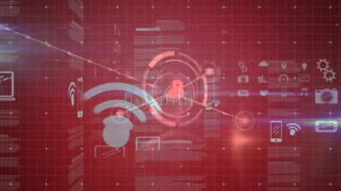 Kırmızı arkaplanda veri işleme animasyonu. küresel iş, finans, bağlantılar ve dijital arayüz konsepti dijital olarak oluşturulmuş video.