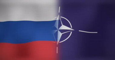 Rusya ve NATO 'nun hareket eden ve dalgalanan bayrakları. Ukrayna çatışması, vatanseverlik ve dijital olarak üretilen video konsepti.