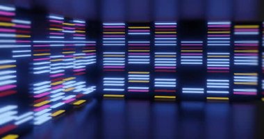 Siyah arkaplanda yanıp sönen çok renkli ışık çizgilerinin animasyonu. ışık, renk ve hareket konsepti dijital olarak oluşturulmuş video.