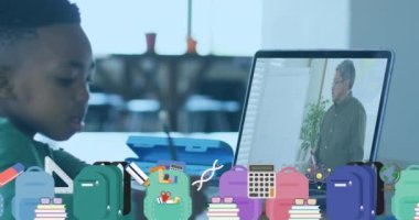 Animation of school icons over african american schoolboy having video call with teacher. school and education concept digitally generated video.