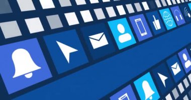 Dijital çevrimiçi simgelerin animasyonu ve koyu mavi arkaplanda hareket eden mavi şerit. Sosyal medya, çevrimiçi topluluk ve dijital arayüz konsepti dijital olarak oluşturulmuş video.