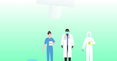 Çapraz ikonlar üzerinde farklı doktor simgelerinin canlandırılması. küresel tıp, finans, bağlantılar ve dijital arayüz konsepti dijital olarak oluşturulmuş video.