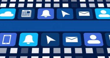 Dijital çevrimiçi simgelerin animasyonu ve koyu mavi arkaplanda hareket eden mavi şerit. Sosyal medya, çevrimiçi topluluk ve dijital arayüz konsepti dijital olarak oluşturulmuş video.