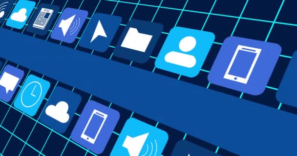 Animation digitaler Online-Symbole und blauer Streifen, die sich über Gitter auf dunkelblauem Hintergrund bewegen. Social Media, Online-Community und digitales Interface-Konzept für digital generierte Videos.