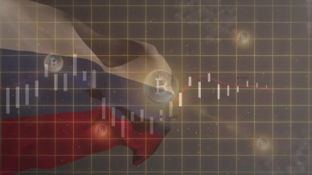 Animazione Simboli Bitcoin Elaborazione Dati Bandiera Della Russia Crisi Ucraina — Video Stock