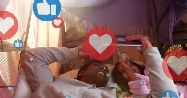 Animation Media Icons Happy African American Father Daughter Using Tablet — Stock Video