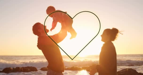 Hjärtanimation Över Glada Kaukasiska Föräldrar Med Barn Stranden Internationell Dag — Stockvideo