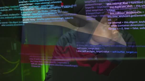 Анімація Африканського Американського Чоловічого Хакера Над Обробкою Даних Прапором Росіян — стокове відео