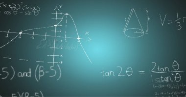 Mavi arkaplan üzerinde el yazısıyla yazılmış matematiksel formüllerin resmi. Bilim, matematik ve öğrenme konsepti dijital olarak oluşturulmuş görüntü.