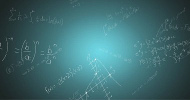 Mavi arkaplan üzerinde el yazısıyla yazılmış matematiksel formüllerin resmi. Bilim, matematik ve öğrenme konsepti dijital olarak oluşturulmuş görüntü.