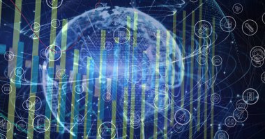 Siyah arka planda dünya çapında ikonlar ve finansal veri işleme resimleri. küresel finans, iş ve dijital arayüz kavramı dijital olarak oluşturulmuş görüntü.