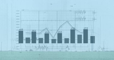 Rüzgar türbinleri ve peyzaj üzerindeki finansal veri işleme görüntüsü. küresel finans, iş ve dijital arayüz kavramı dijital olarak oluşturulmuş görüntü.