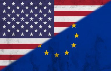 Amerika ve Avrupa 'nın bayraklarının birleşik görüntüsü duvarda, kopyalama alanında. İllüstrasyon, vatanseverlik, Rusya Ukrayna çatışması, işgal ve siyaset kavramı.