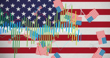 Amerika Birleşik Devletleri bayrakları üzerinde işlenen istatistiklerin resmi. Amerikan vatanseverliği, bağımsızlık ve iş konsepti dijital olarak oluşturulmuş imaj.