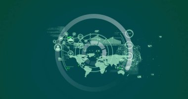 Yeşil arka planda finansal veri işleme üzerinde hareket eden daire resmi. küresel iş, finans, bağlantılar ve dijital arayüz konsepti dijital olarak oluşturulmuş görüntü.