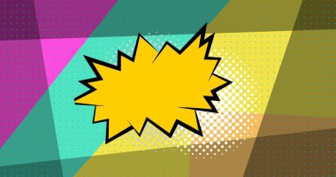 Çok renkli arka plana karşı boş sarı konuşma baloncuğunun dijital kompozit görüntüsü. Boşluğu kopyala ve soyut yaratıcılık kavramı