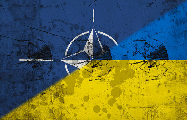 Digital composite image of flags of nato and ukraine painted on damaged wall, copy space. illustration, patriotism, russia ukraine conflict, invasion and politics concept.