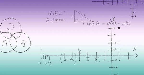 Kép Kézzel Írott Matematikai Képletek Felett Kék Lila Háttér Tudomány — Stock Fotó