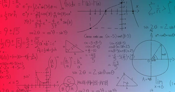 Εικόνα Χειρόγραφων Μαθηματικών Τύπων Μπλε Έως Ροζ Φόντο Επιστήμη Μαθηματικά — Φωτογραφία Αρχείου
