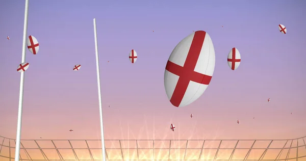 Изображение Регбийных Мячей Окрашенных Флагом Англии Стадионе Концепция Спорта Соревнований — стоковое фото