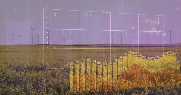 Bild Der Finanzdatenverarbeitung Über Windräder Und Landschaft Globales Finanz Business — Stockfoto