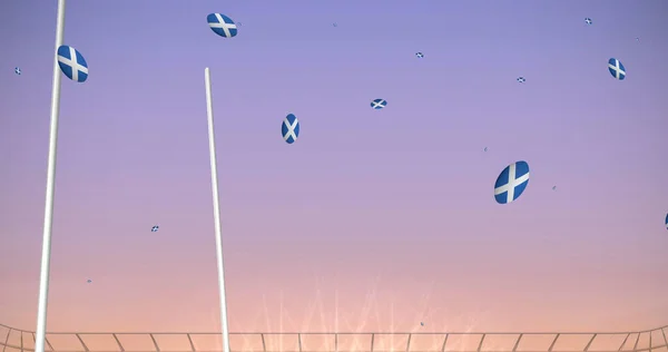 Kép Rögbi Labdákról Skót Zászlóval Stadionban Sport Versenykoncepció Digitálisan Generált — Stock Fotó