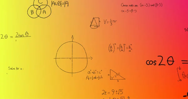 Imagem Fórmulas Matemáticas Escritas Mão Sobre Fundo Amarelo Vermelho Conceito — Fotografia de Stock