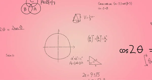 Bild Handskrivna Matematiska Formler Över Rosa Bakgrund Vetenskap Matematik Och — Stockfoto