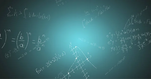 Image of handwritten mathematical formulae over blue background. science, mathematics and learning concept digitally generated image.