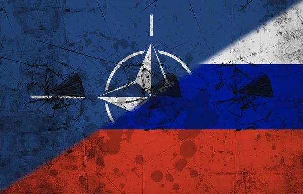 Hasarlı Duvarlara Fotokopi Uzayına Nato Rusya Nın Bayraklarının Dijital Kompozit — Stok fotoğraf
