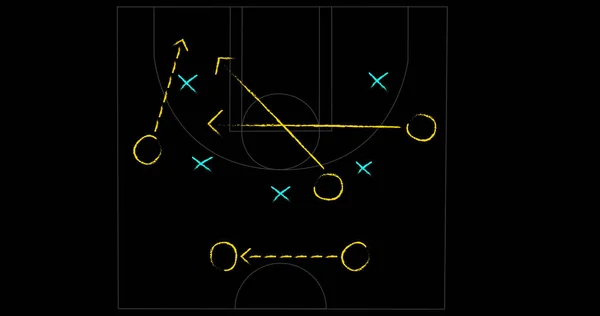 Image of game plan and sports field on black background. global sports concept digitally generated image.