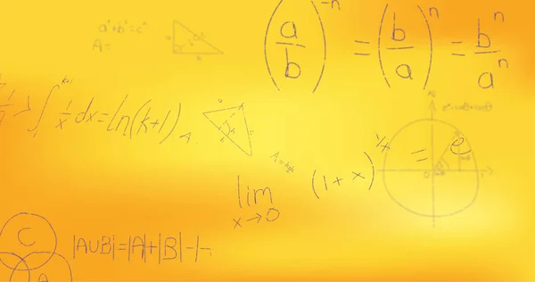 Obraz Ręcznie Pisanych Formuł Matematycznych Żółtym Tle Koncepcja Nauki Matematyki — Zdjęcie stockowe