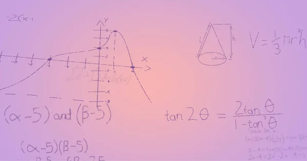 紫色背景上的手写数学公式图像 数学和学习概念数字生成的图像 — 图库照片